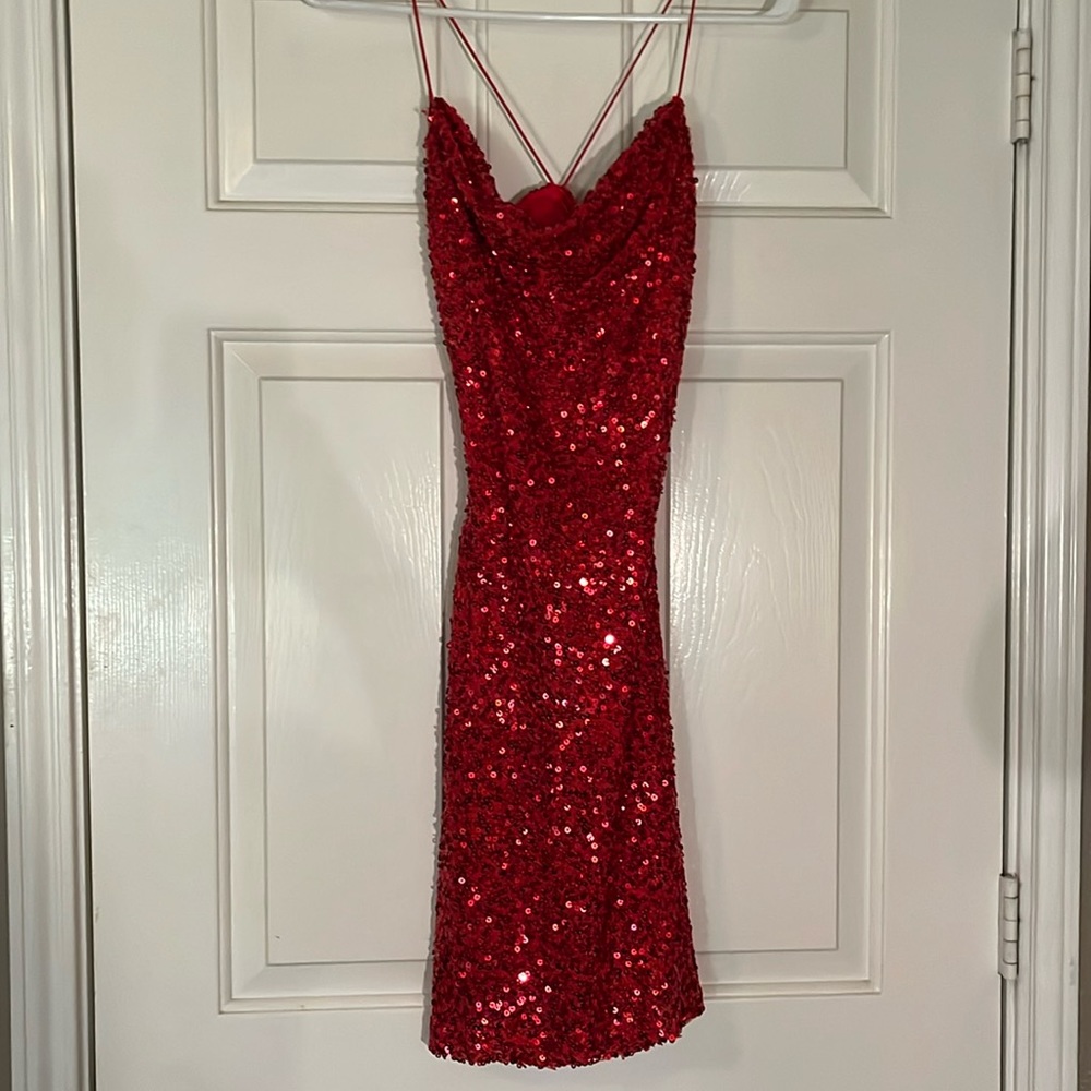 Cute size small open back red sequin, mini dress-HOMECOMING DRESS